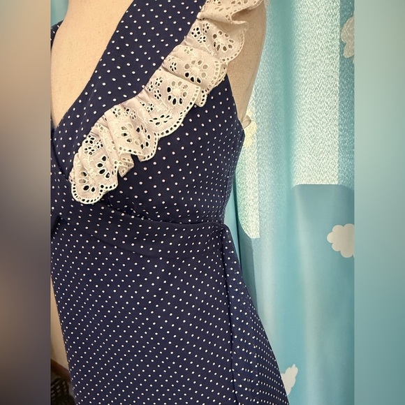 Vintage prairie dress- polka dot navy ruffle, lace cross tie maxi- XXS - Picture 8 of 14